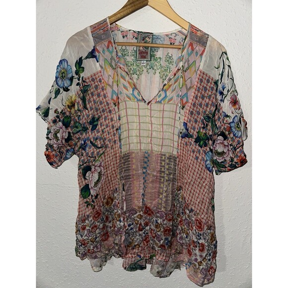 Johnny Was Tops - Johnny Was Light Pink White Floral Plaid Multicolor Zadie Satin Tassel Tunic Top